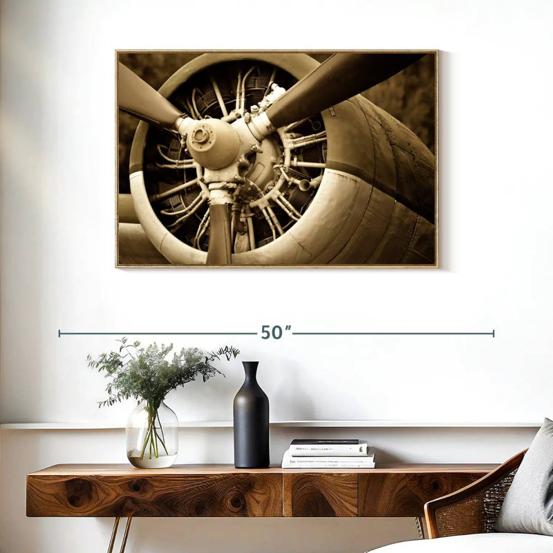 Sepia Old Propeller, Floating Frame Natural Wood, 37" X 25"