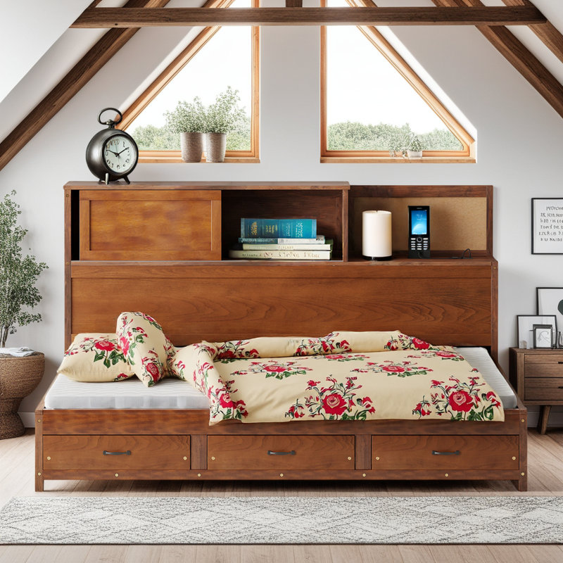 Lit de jour double en bois Afor, canapé-lit avec tiroirs de rangement, ports USB et tablette supérieure amovible, Brun