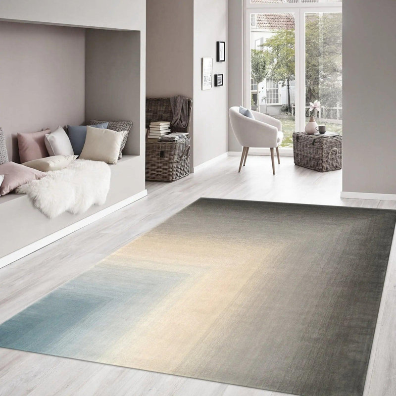 Tapis gris / bleu / crème en coton / laine / soie 8 pi 9 po x 11 pi 9 po Aloysius