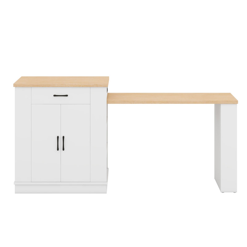 Îlot de cuisine convertible avec tiroirs, armoire et tablettes ouvertes - pouvant servir de salle à manger ou de thé