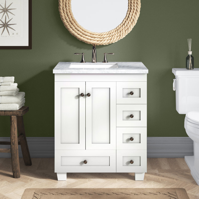 Yena 28"W x 22"D Bathroom Vanity with Undermount Porcelain Sink, White, Quartz - White Carrara