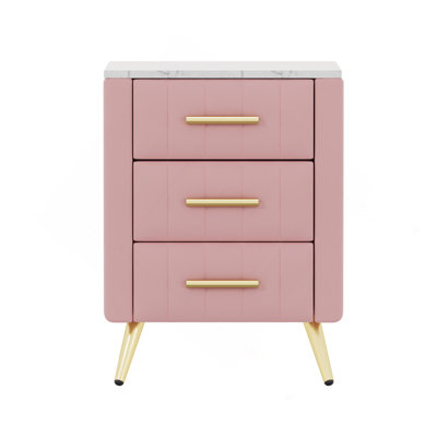Upholstered Wooden Nightstand With 3 Drawers And Metal Legs&Handles, Bedside Table With Marbling Stickers Worktop - Pink