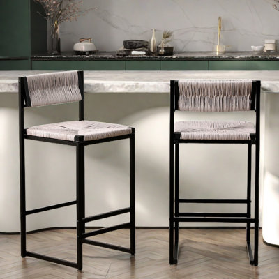 Bar Stools Set Of 2 Paper Rope Weave Dining Chairs And Metal Frame