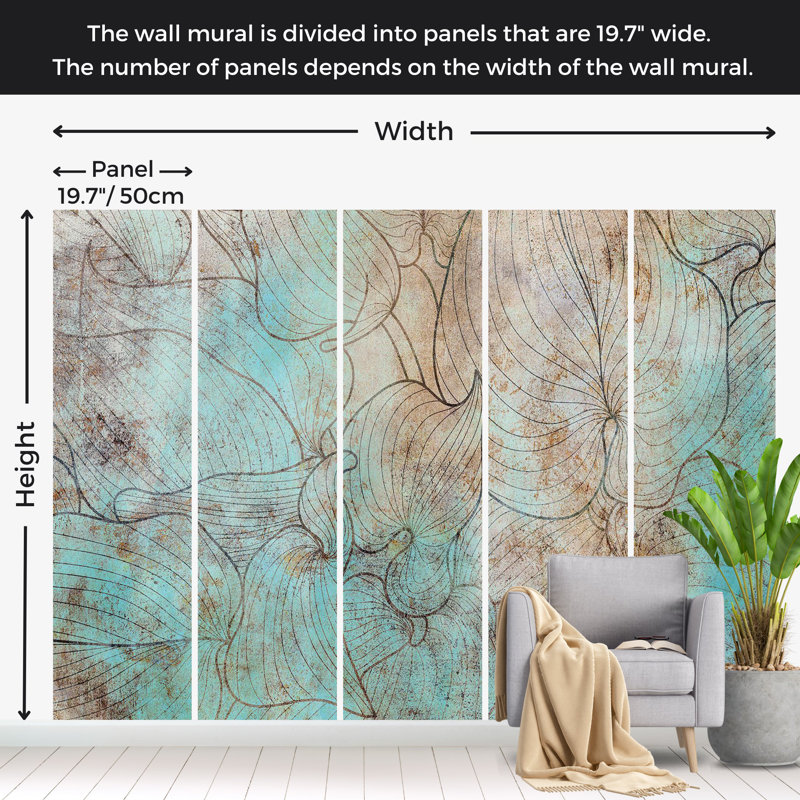 Papier peint botanique - Feuilles en bleu, L 124 po x l 177 po