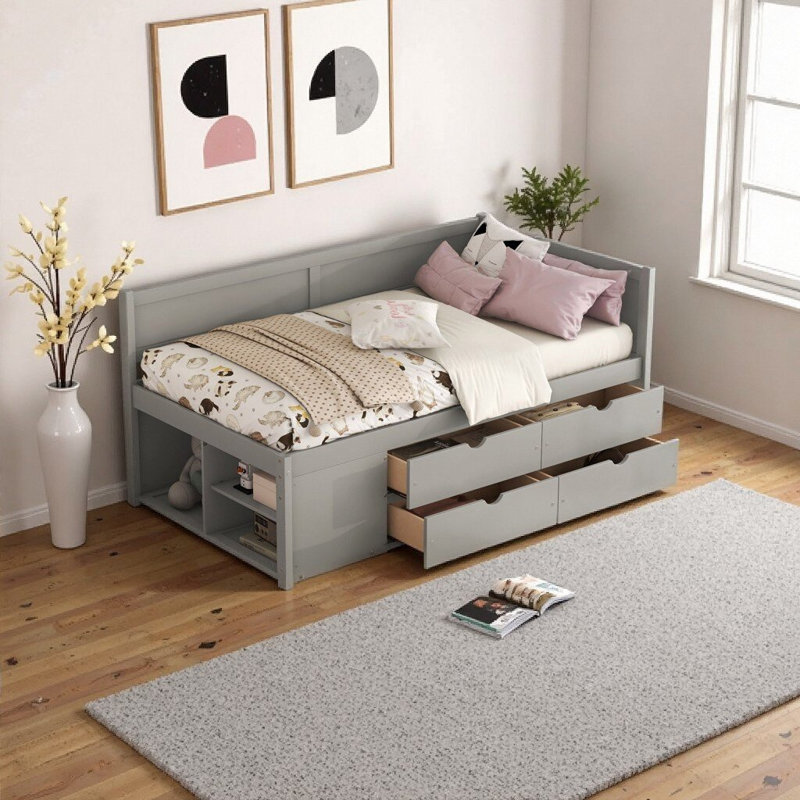 Gray Twin Size Storage Daybed with Pull-Out Drawers & Shelves - Solid Wood Frame, Gray