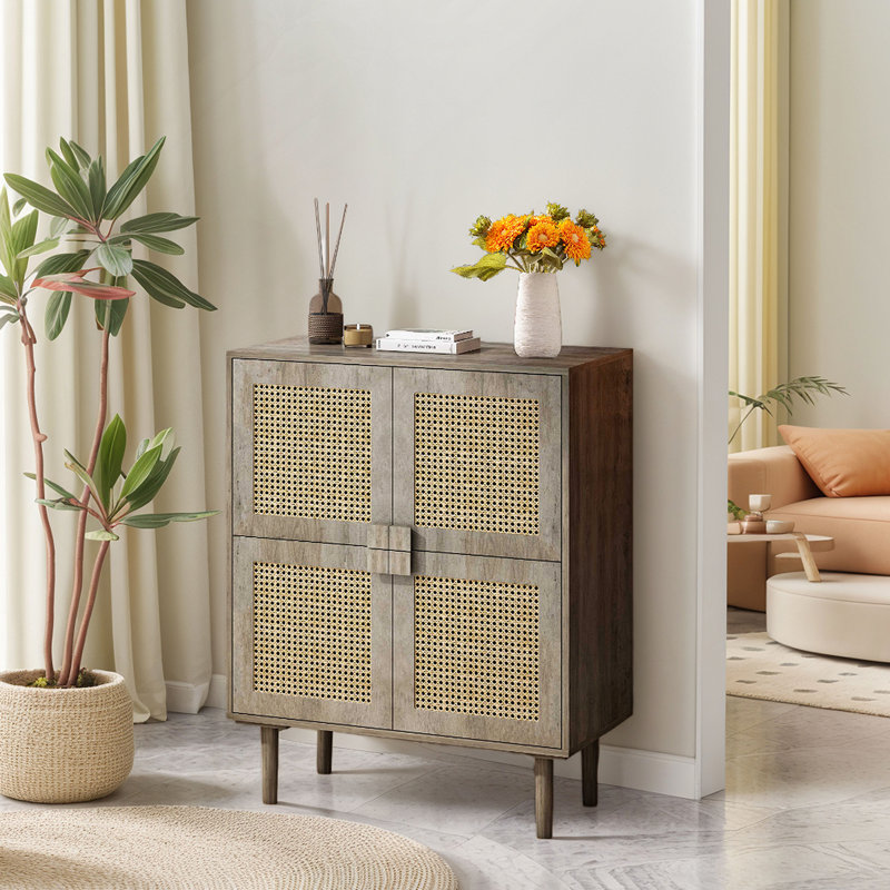 4-Doors Rattan Mesh Storage Cabinet, Gray