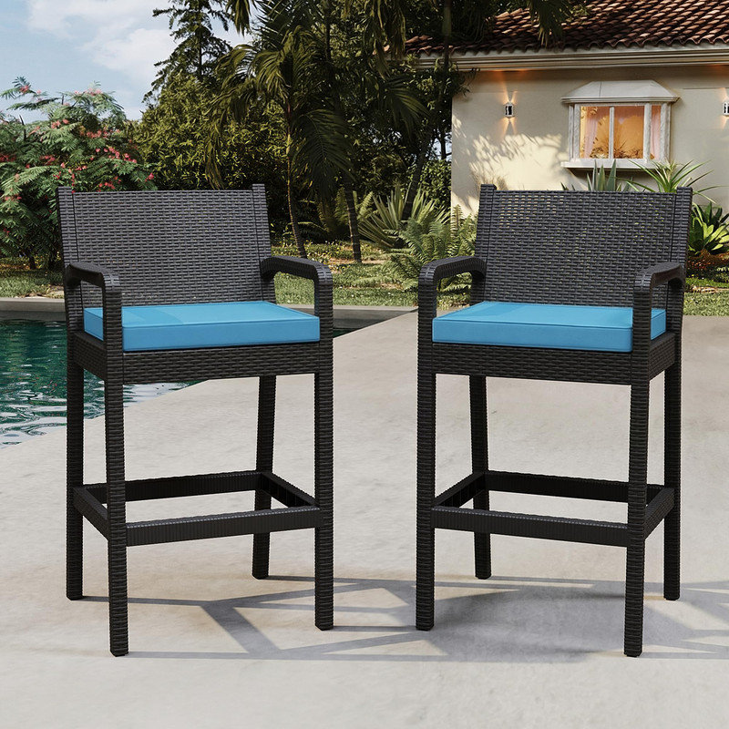Ensemble de 2 tabourets de bar de patio de 30 po avec coussins, chaises de bar en osier pour la cour, le jardin ou le bord de la piscine