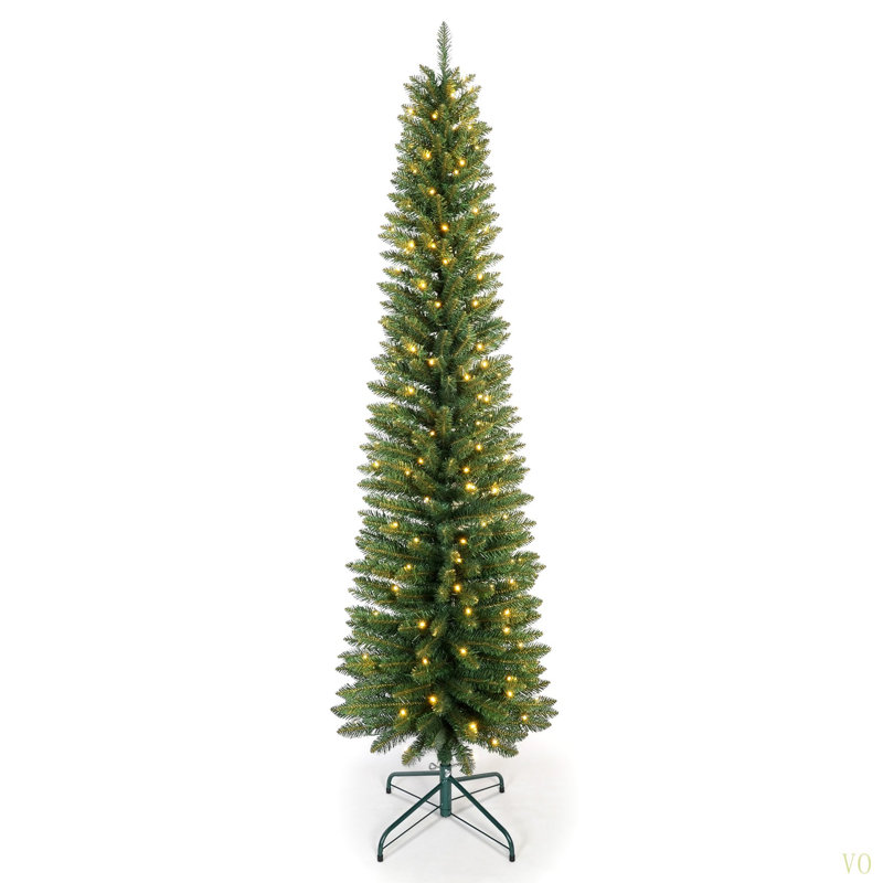 Arbre de Noël 6 pi avec 150 lumières DEL chaudes - arbre en PVC mince avec 358 pointes, conception compacte, support en métal stable, facile à assembler