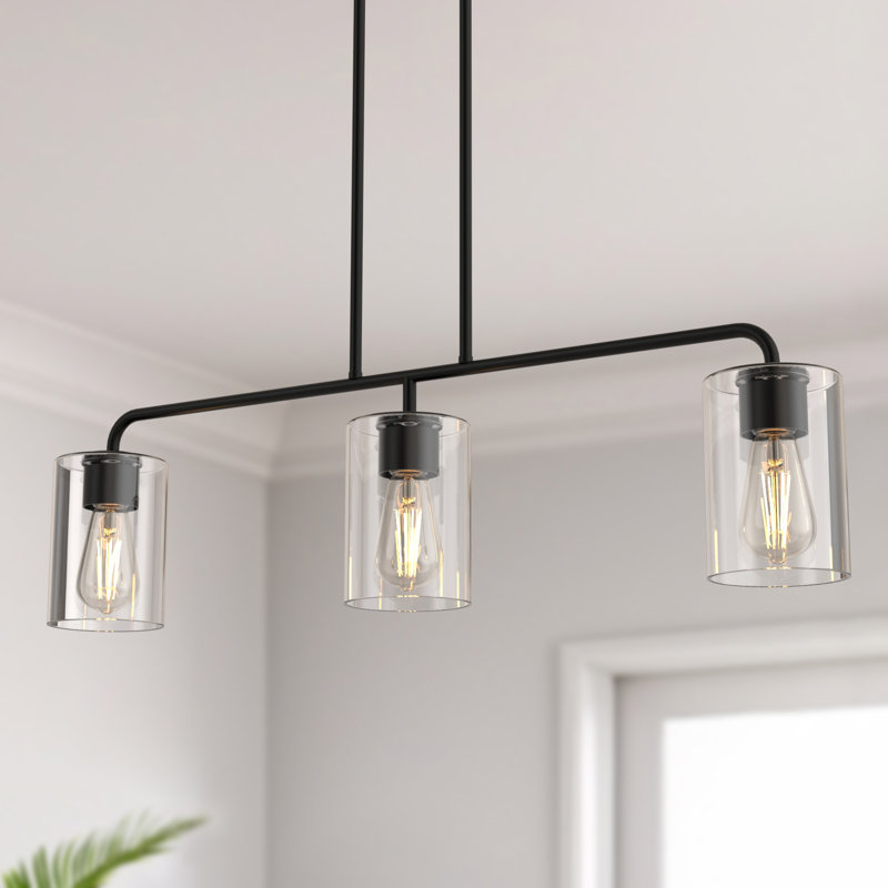 3-Light Black Linear Island Pendant Hanging Light, Kitchen Lighting With Glass Shades, Clear