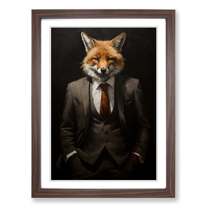 Fox in a Suit Painting - Framed Print, 64cm H x 46cm W, Walnut Framed