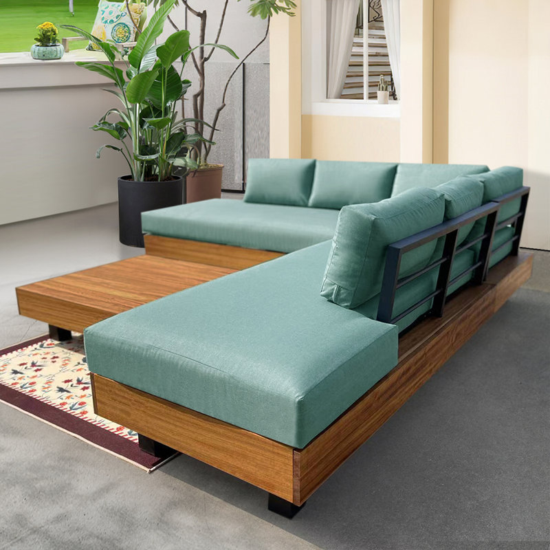 Ensemble de canapé modulaire 4 pièces en teck avec coussins et table basse, Vert