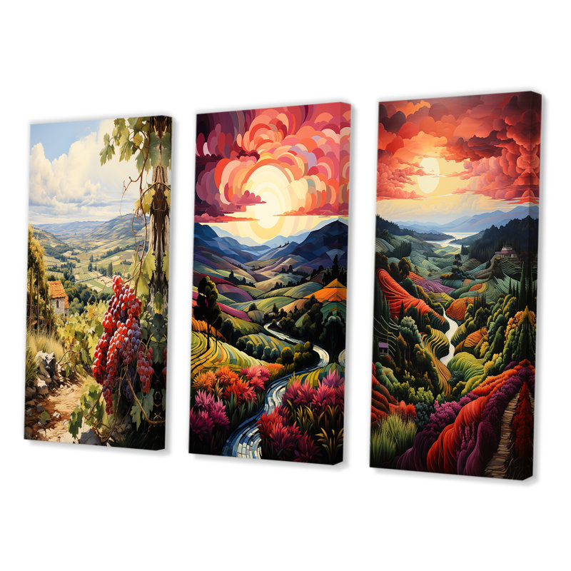 «Vineyard Twilight Bliss», 3 pièces sur toile, H 40 po x l 60 po, Toile tendue