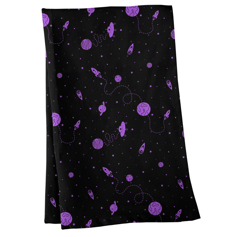 Serviette de thé à motif extérieur space, Polyester sergé, Noir / Mauve