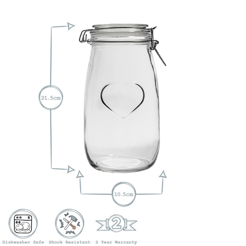 Nicola Spring - Heart Glass Storage Jars with Labels - 1.5 Litre, Clear/White