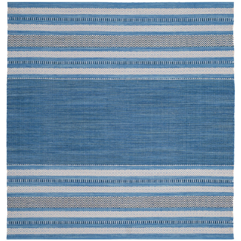 Tapis bleu / gris en coton tissé à plat à rayures Bokara Hills, Carré 8 pi
