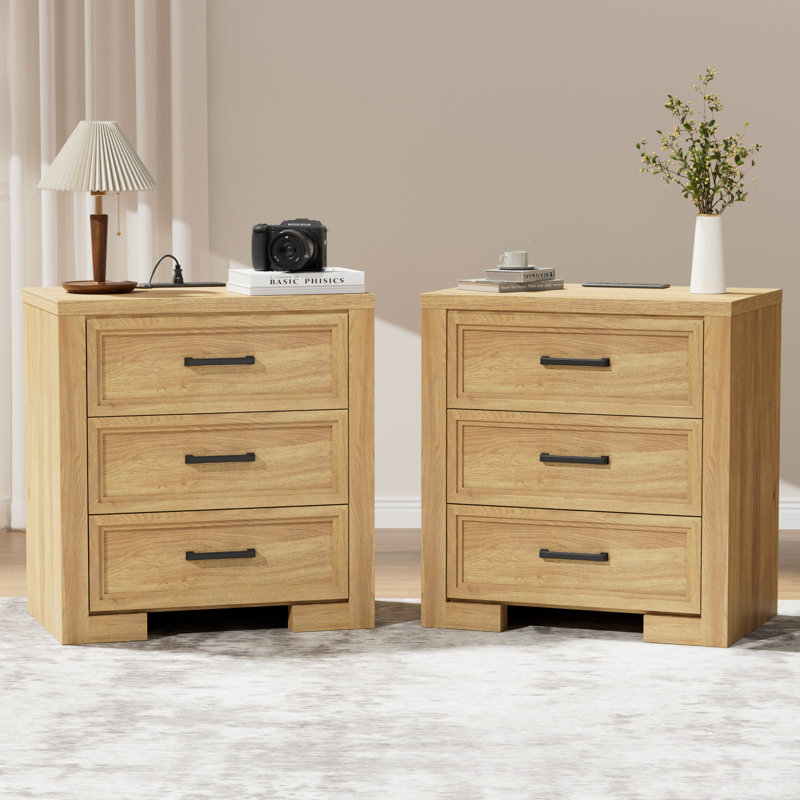 23.6''W 3-Drawer Nightstand with Charging Station, Modern Night Stand, Bedside End Table with Storage