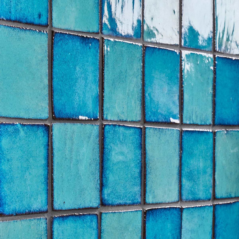 Emery 4x4 Square Handmade Crackled Glossy Terracotta Tile, Blue