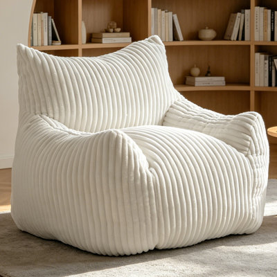 Oversized Striped Corduroy Bean Bag Lounge Chair, Cream, Chair‑Only Without Ottoman