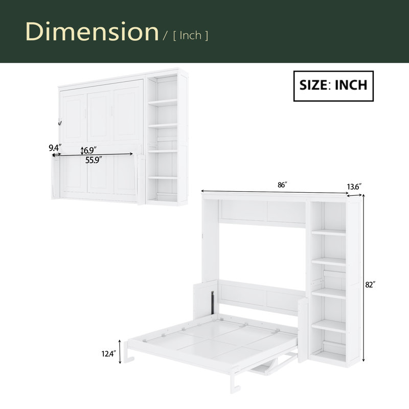 Lit escamotable avec bureau et bibliothèque Murphy, Lit double, Blanc
