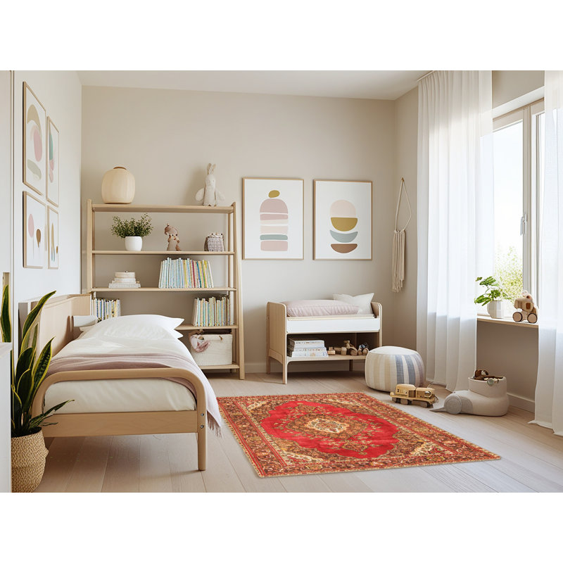 Tapis oriental en laine / polyester tissé à la machine Gerwald en orange / rouge / brun, Rectangle 3 pi x 5 pi