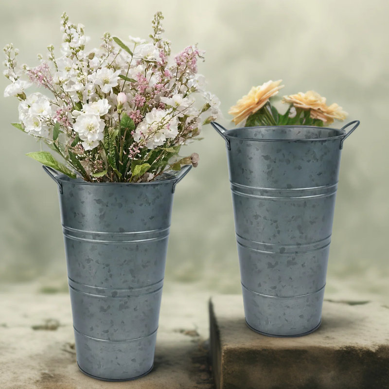 Farmhouse Metal Flower Vases Set - Rustic Galvanized Tall Planter Buckets With Handles For Floral Arrangements, Wedding Centerpieces, And Home Decor
