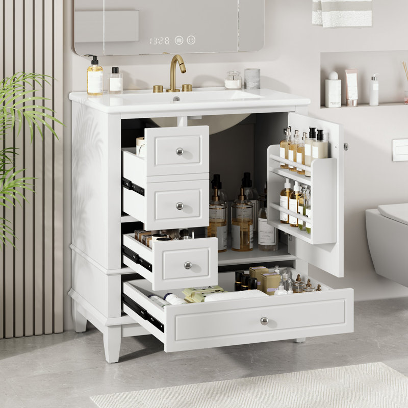 Meuble-lavabo de salle de bain avec lavabo, une porte avec tablette et trois tiroirs, Blanc