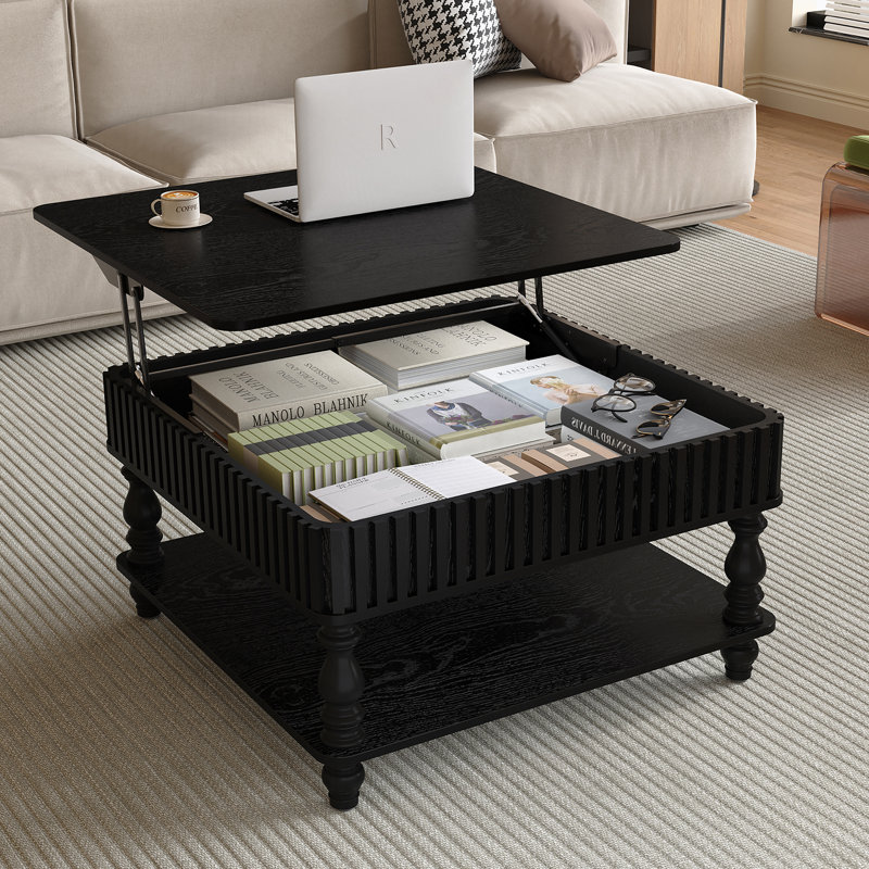 Table basse carrée à plateau relevable cannelé avec rangement caché et ouvert, mécanisme hydraulique, pieds rétro pour un salon polyvalent