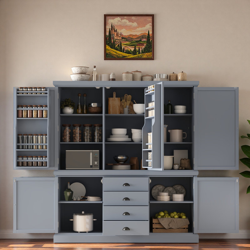 Garde-manger autoportant en bois avec armoires, tablettes de porte, tablettes réglables et tiroirs, Gris