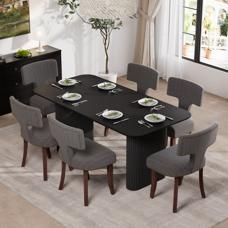 Ensemble de salle à manger rectangulaire en bois avec chaise rembourrée, 7, Noir, Gris
