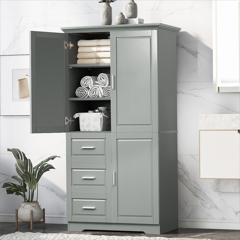 Storage Cabinet With Doors And Three Drawers For Bathroom, Gray