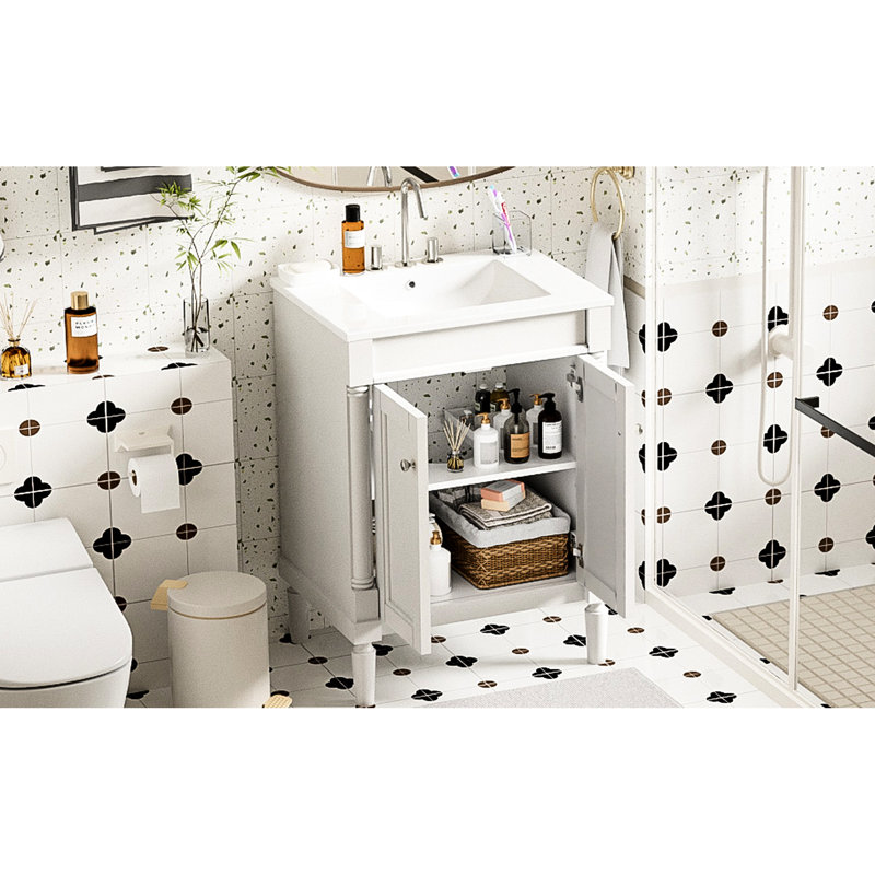 Armoire de rangement de salle de bain moderne 24 po avec lavabo. Cadre en bois massif. . Lavabo en céramique. Blanc. Beaucoup d'espace. Poignée en métal exquise. Charnières. Armoire compatible avec robinet de 4 po. Planches. Rangement. Charnières