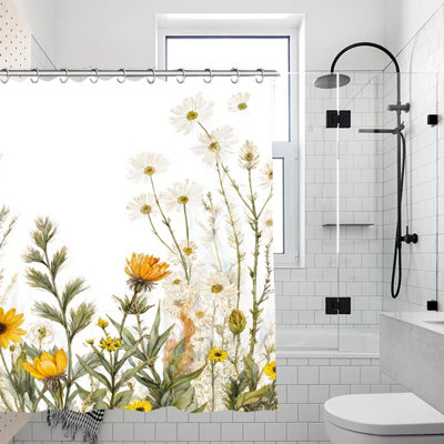 Rideaux de douche fleurs blanches et jaunes, l 71 x L 71