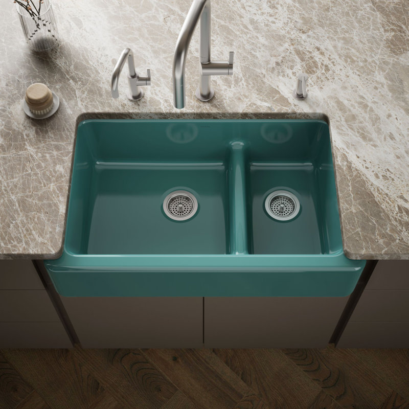 Whitehaven® 36" L x 22" W Double Basin Farmhouse Kitchen Sink, Teal