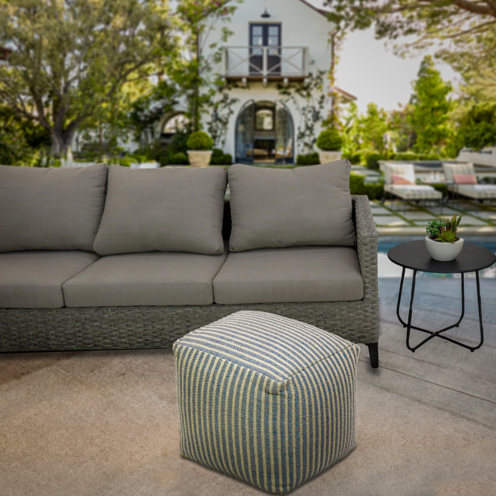 Borislava Outdoor Ottoman with Cushion, Icy Blue