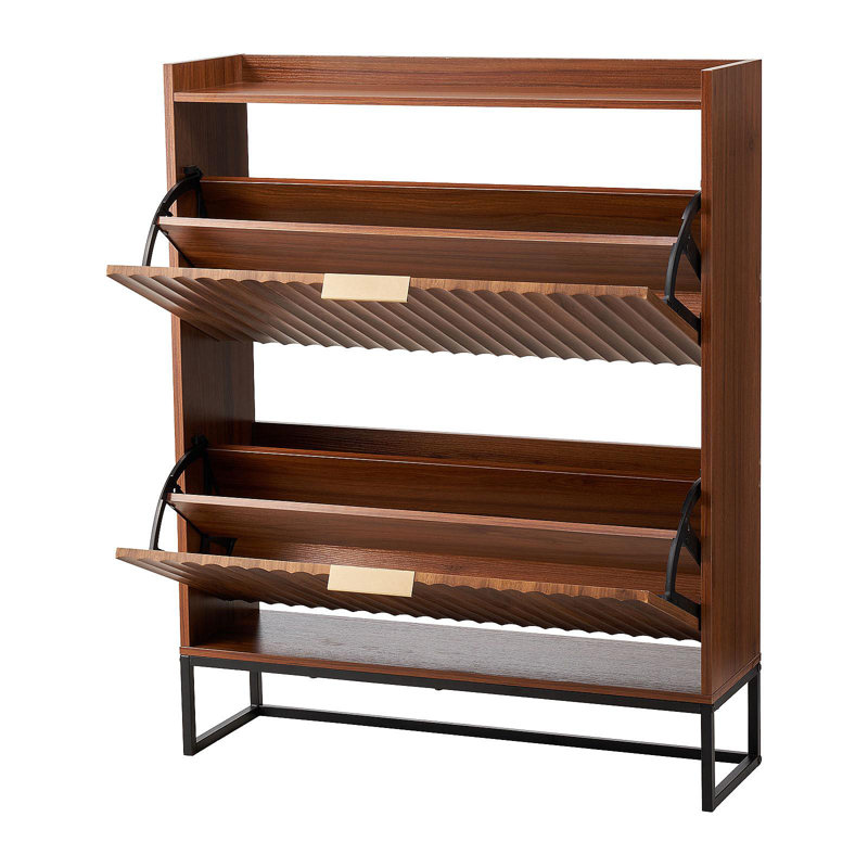 Shoe Cabinet With 2 Flip Drawers, Mid-Century Shoes Storage Cabinet With Anti-Tipping Device, Freestanding Fluted Shoe Organizer, Ideal For Entrance, Hallway, Bedroom, Living Room, Walnut