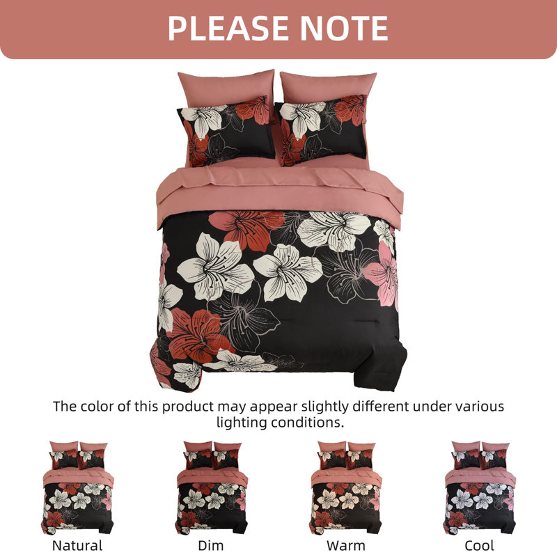 7 Piece Floral Comforter Set Soft Microfiber Bedding Set with Sheets for All Seasons, Queen Comforter + 6 Additional Pieces