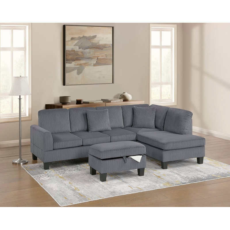 Ensemble de canapé modulaire 3 pièces RAF Chaise LAF avec repose-pieds en velours côtelé gris foncé, Gris foncé