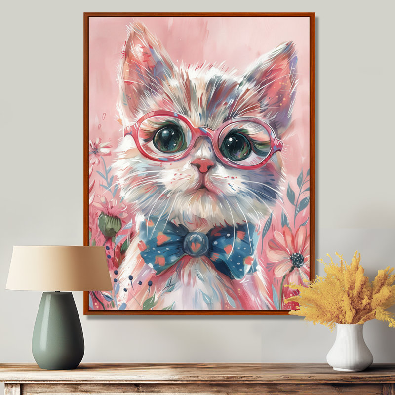 Portrait de chat Intellectual avec lunettes I - art mural chat, H 30 po x l 40 po, Cadre flottant brun