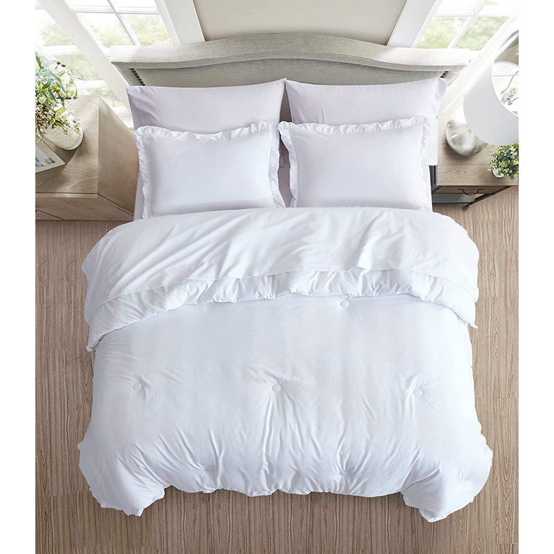 Ruffled Edge Microfiber Bed in a Bag Comforter Set, White, King Comforter + 6 Additional Pieces
