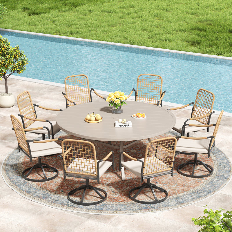 8 - Person Outdoor Dining Set With Cushioned Swivel Woven Rattan Chairs, Sandshell