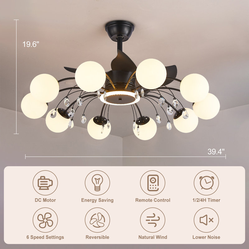 39.4" Bladeless Ceiling Fan with Remote and 10 lights, Black