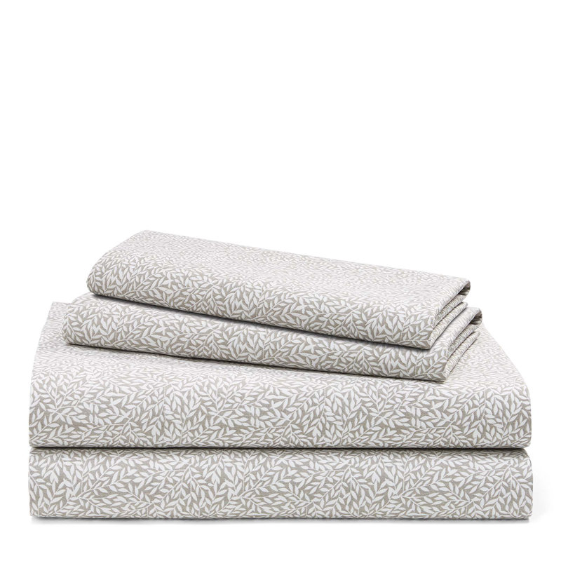 Spencer Leaf 230 Thread Count Cotton Sateen Sheet Set, Queen, Stone Gray