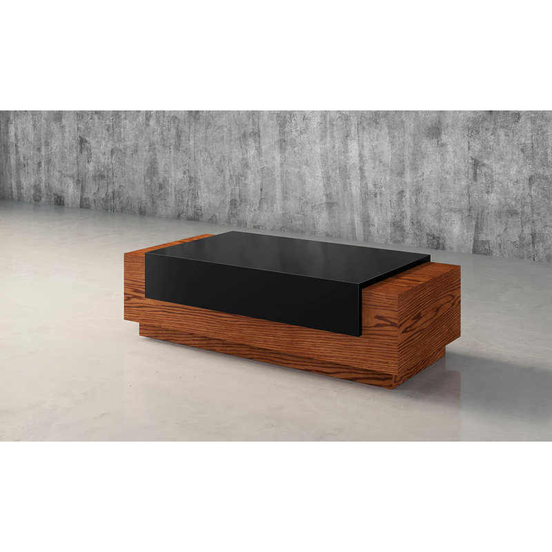 Warm Honey Oak Rectangular Coffee Table with High Gloss Black Accent