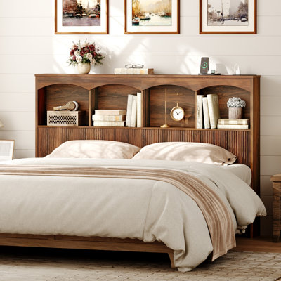 Bookcase Headboard with Charging Station and 4 Arched Storage Shelves, Queen Size Fluted Panel Headboard With Bed Frame Adapters