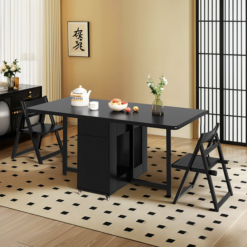 Solid Wood Folding Dining Table with Wheels & Storage, Retro Black 1.3m & 1.5m Long, Mobile Kitchen Table for Small Spaces, Flats, Seats 4-6 Fully Assembled, No Assembly Required（Dining Table1.3mAnd 2 Chair ）