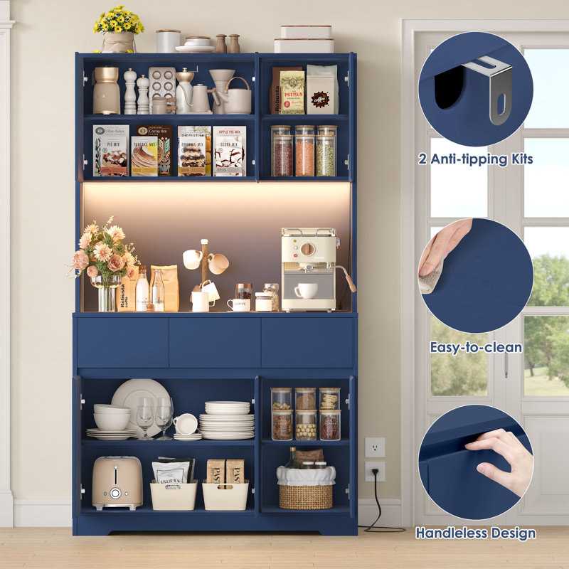 Aybike 71" Tall Kitchen Pantry Cabinet with Charge Station & LED Light, Freestanding Food Pantry with 4 Cabinets, 3 Drawers & Microwave Shelf, Kitchen Hutch Storage, Adjustable Shelves