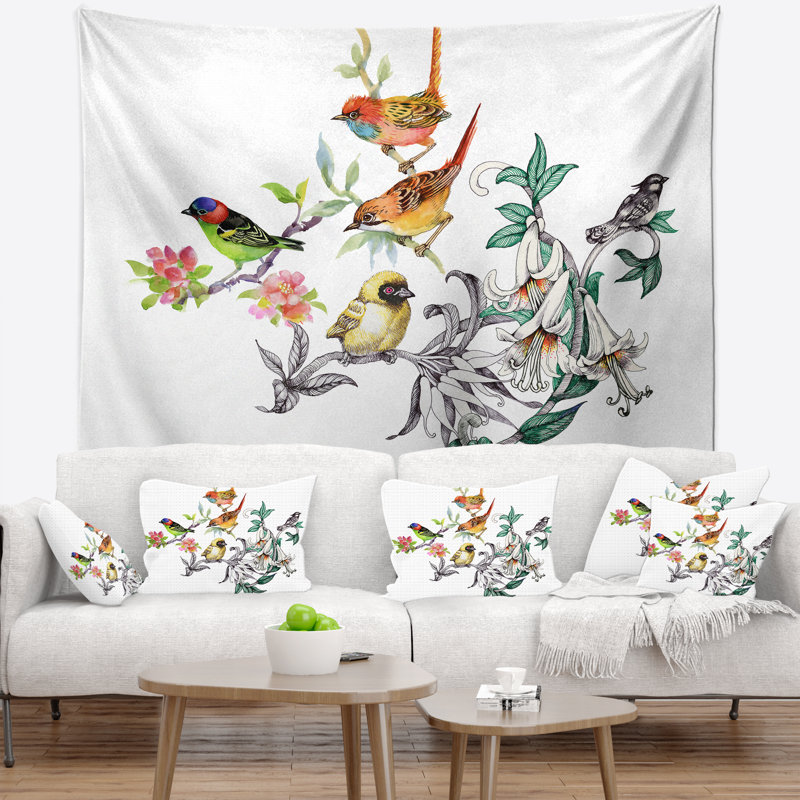 Tapisserie fleurs tropicales et oiseaux, H 68 po x l 80 po