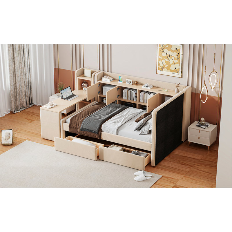 Lit de jour simple rembourré avec tiroirs, tablettes, armoires rabattables et table d'appoint - idéal pour un espace de vie compact, peu encombrant et confortable, avec de petits espaces et un design polyvalent