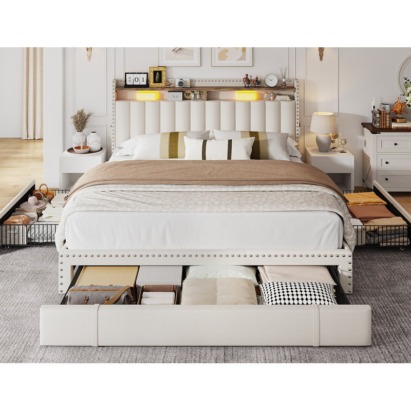Upholstered Storage Bed Frame with 3 Drawers and 2-Tier Shelf Headboard,No-Noise, Beige, Queen
