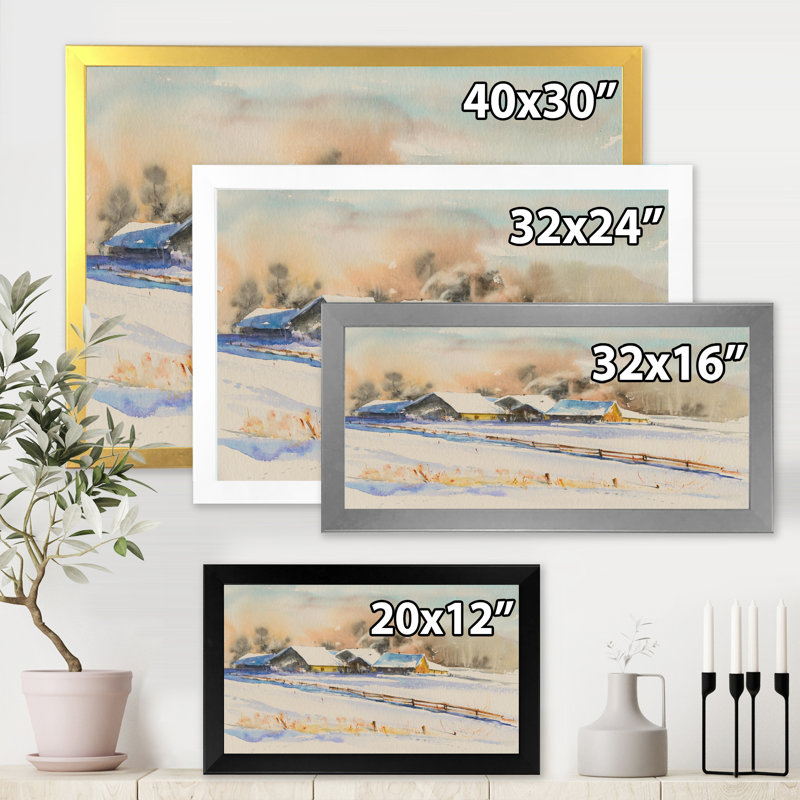Petit village au coucher du soleil recouvert de neige - peinture sur toile, H 12 po x l 20 po x p 1 po, Encadrement argenté